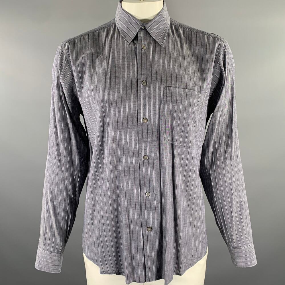 BRIONI Size L Navy Grey Stripe Linen Blend Pointed Collar Long Sleeve Shirt